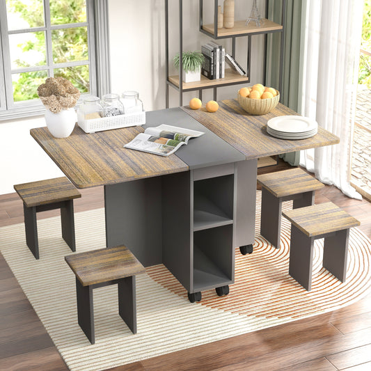 SESSLIFE Folding Extendable Dining Table Set with 4 Chairs, 55'' Drop Leaf Kitchen Dining Set with Storage and Lockable Wheels for Small Space Saving, Brown