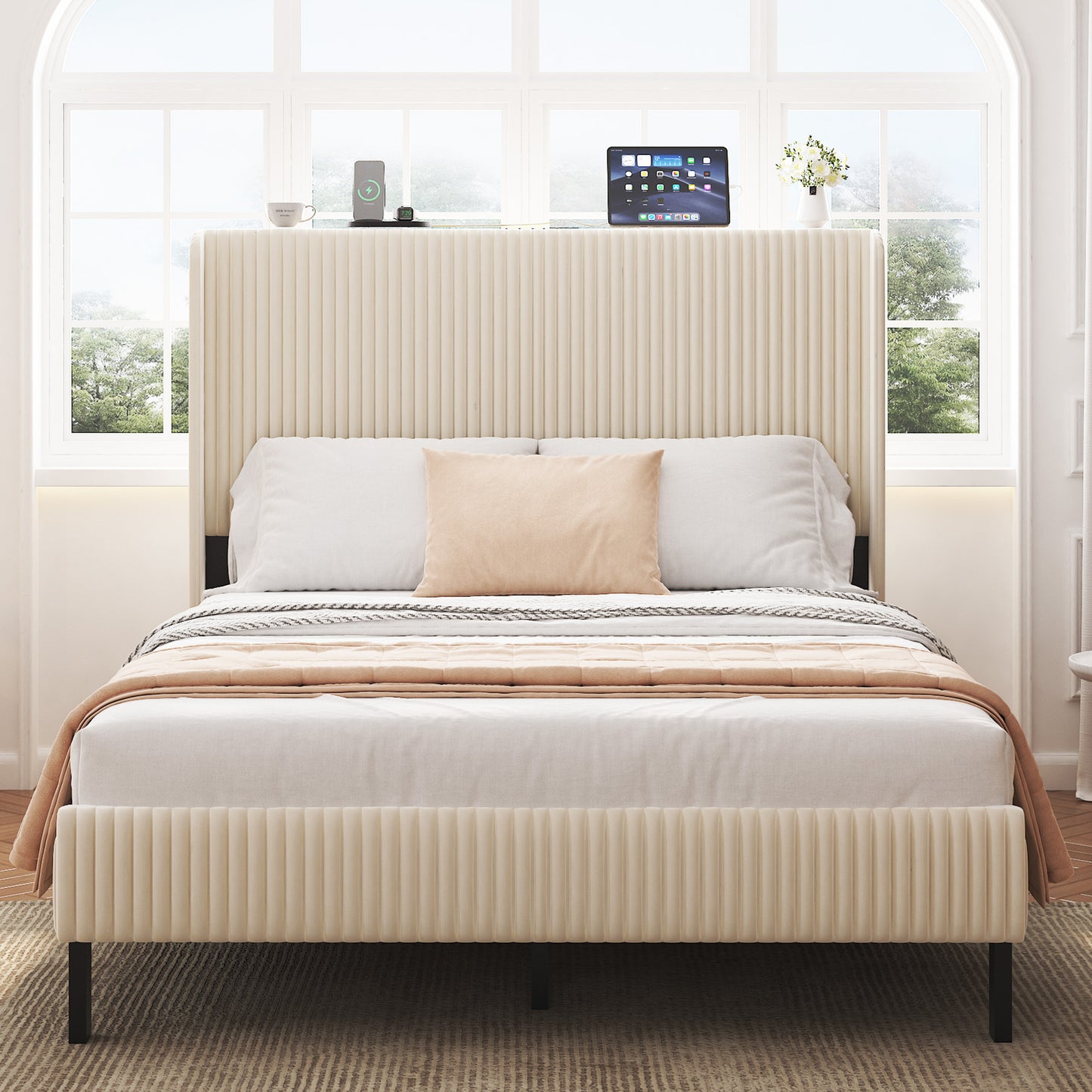 SESSLIFE Queen Platform Bed Frame with Charging Station, Beige Upholstered Bed Frame with Top Shelf Headboard, Metal Slats Hold up to 800lbs, Noise-Free, No Box Spring Needed, Easy Assembly