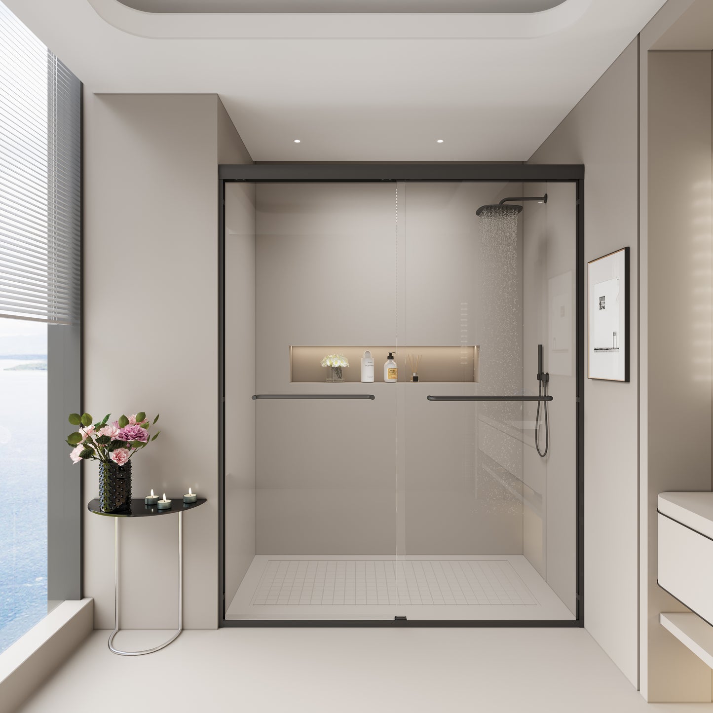 SESSLIFE 56-60" Modern Adjustable Shower Door, Semi-Frameless Matte Black, 1/4 Inch Tempered Glass with Bilateral Installation, Anti-Leak Seal for Walk-in Shower/Bathtub, 72" H