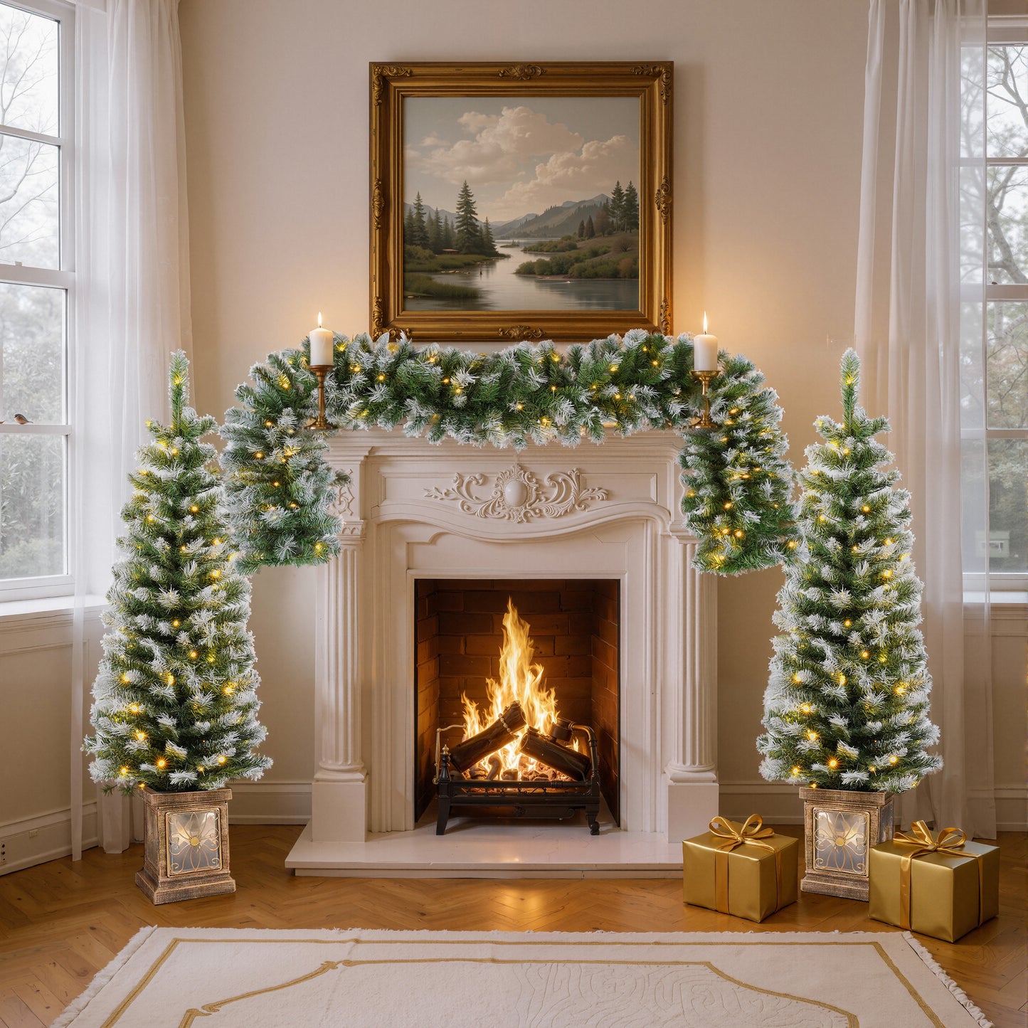 3-Piece Pre-Lit Christmas Wreath Set, SESSLIFE Artificial Norfolk-Style Wreath and Entrance Trees for Holiday Home Decor, Easy Assembly, White-Green