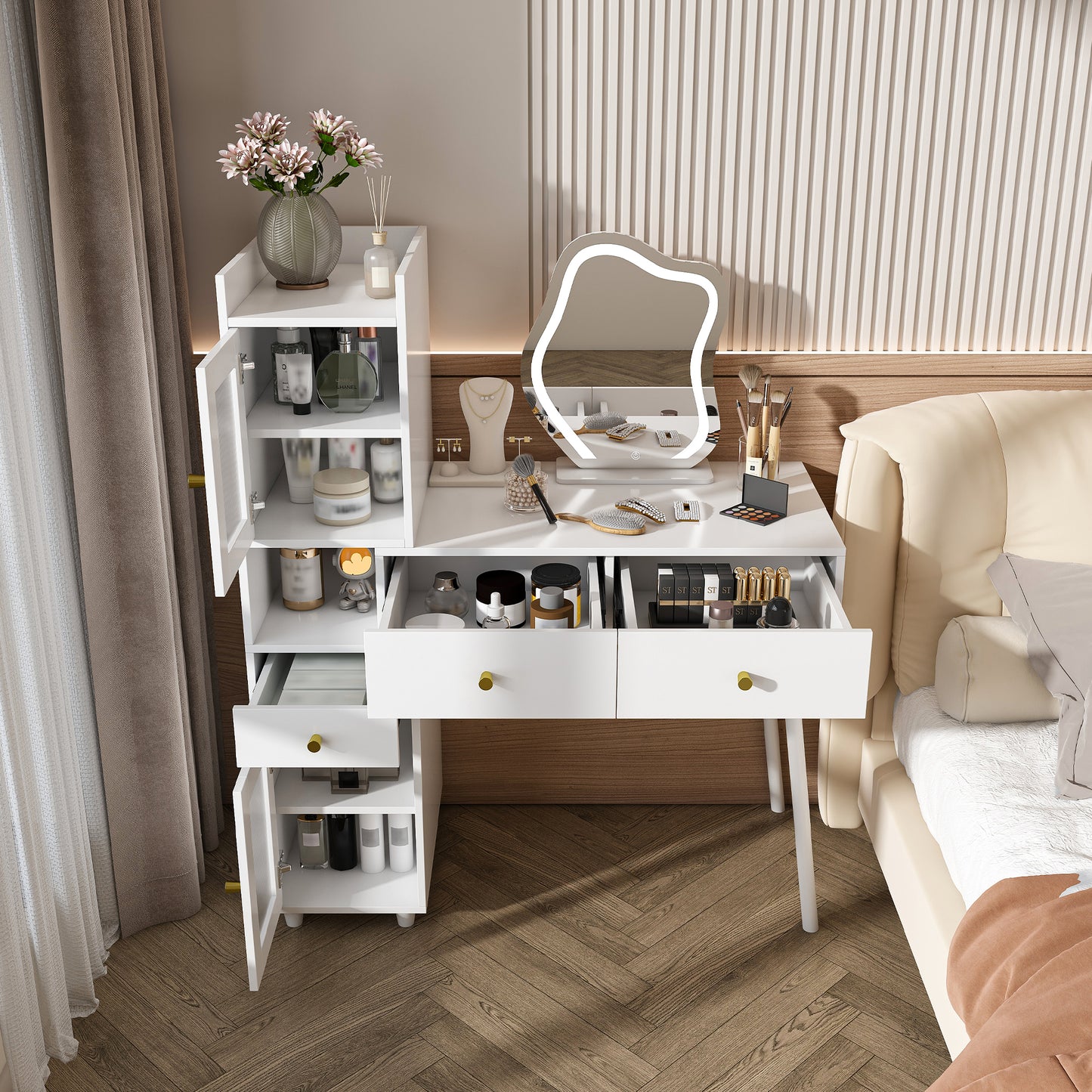 SESSLIFE Makeup Vanity Desk with 3 Color Lights and Mirror, Dressing Table with 3 Drawers, Storage Shelves and Cabinets, LED Vanity Table with Adjustable Brightness for Bedroom, White