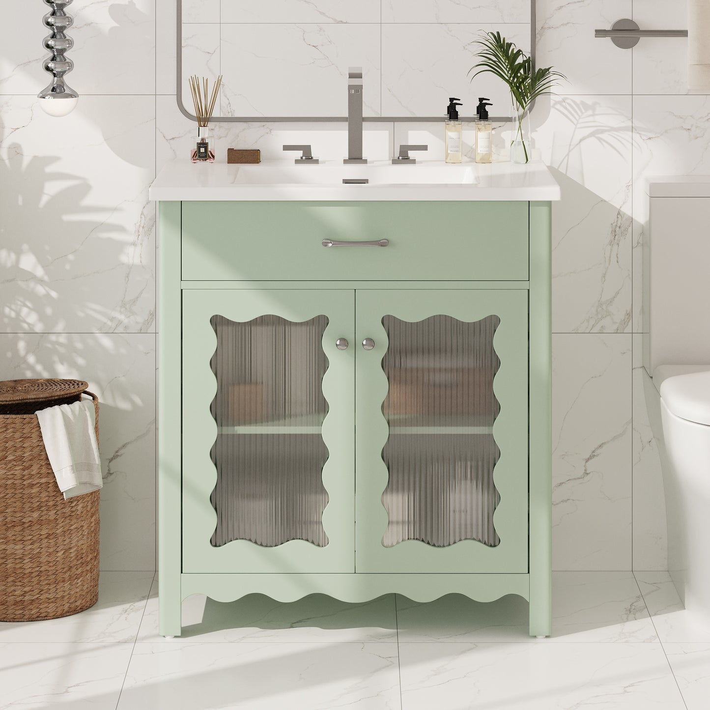 SESSLIFE 30 Inch Bathroom Vanity with Sink, Green Bathroom Cabinet with Vertical Striped Tempered Glass Doors, Soft Close Doors, Rubber Wood Legs, Single Sink Vanity