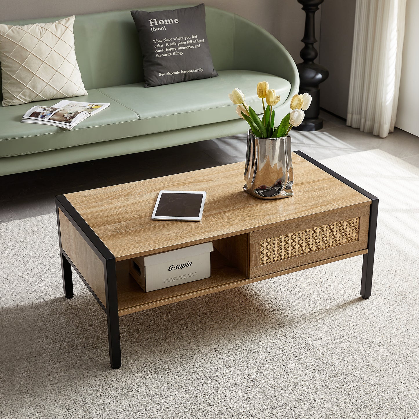 SESSLIFE 40” Modern Rattan Coffee Table with Sliding Door Storage, Natural Woven Side Table, Metal Legs for Living Room, Easy Assembly, Natural