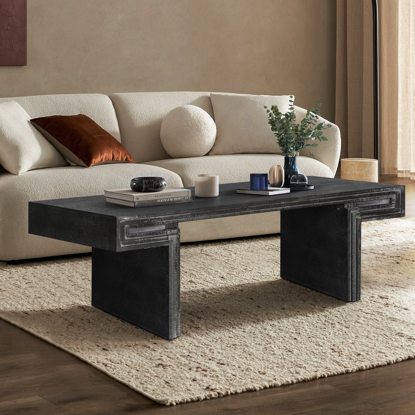 SESSLIFE Large Rectangular Coffee Table for Living Room, Industrial Vintage Aesthetic with Dual Shelves, Farmhouse Rustic Style and Sturdy Wood Construction, Antique Black