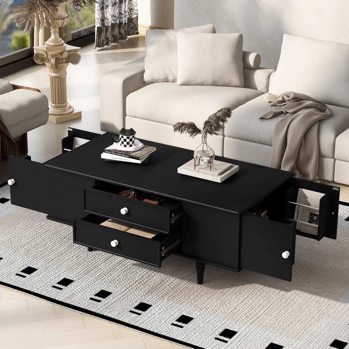 SESSLIFE Modern Coffee Table with 4 Drawers and Hidden Storage, Sturdy MDF Top with Solid Wood Legs, 47.2 Inch Large Rectangle Living Room Table in Black