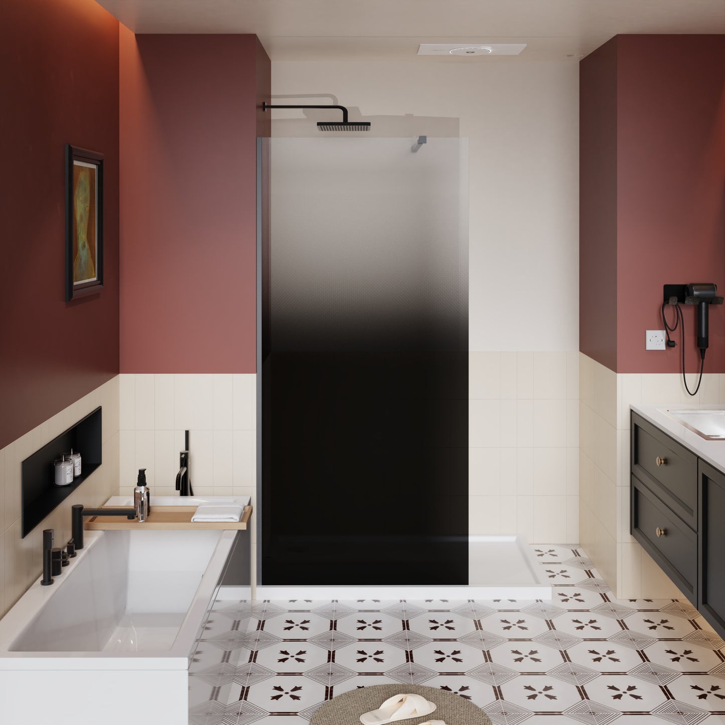SESSLIFE 34x72 Inch Frameless Shower Door Fixed, 1/4" Matt Black Gradient Tempered Glass Walk in Shower Screen with Adjustable Support Rod, Reversible Installation for Modern Bathroom