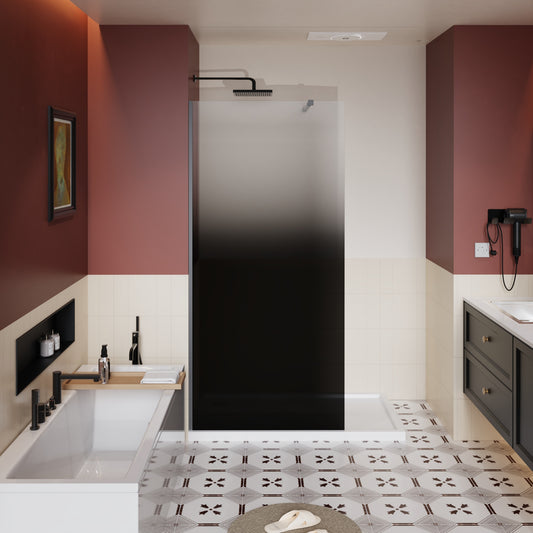 SESSLIFE 34x72 Inch Frameless Shower Door Fixed, 1/4" Matt Black Gradient Tempered Glass Walk in Shower Screen with Adjustable Support Rod, Reversible Installation for Modern Bathroom