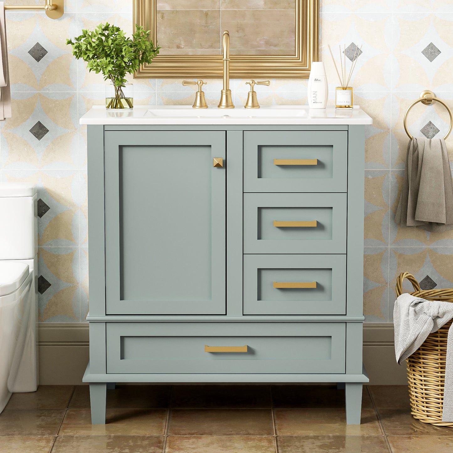 SESSLIFE 30" Bathroom Vanity with Sink, Modern Freestanding Bathroom Cabinet with Ceramic Sink, Soft Close Door and 3 Drawers, Solid Wood Frame, Sage Green