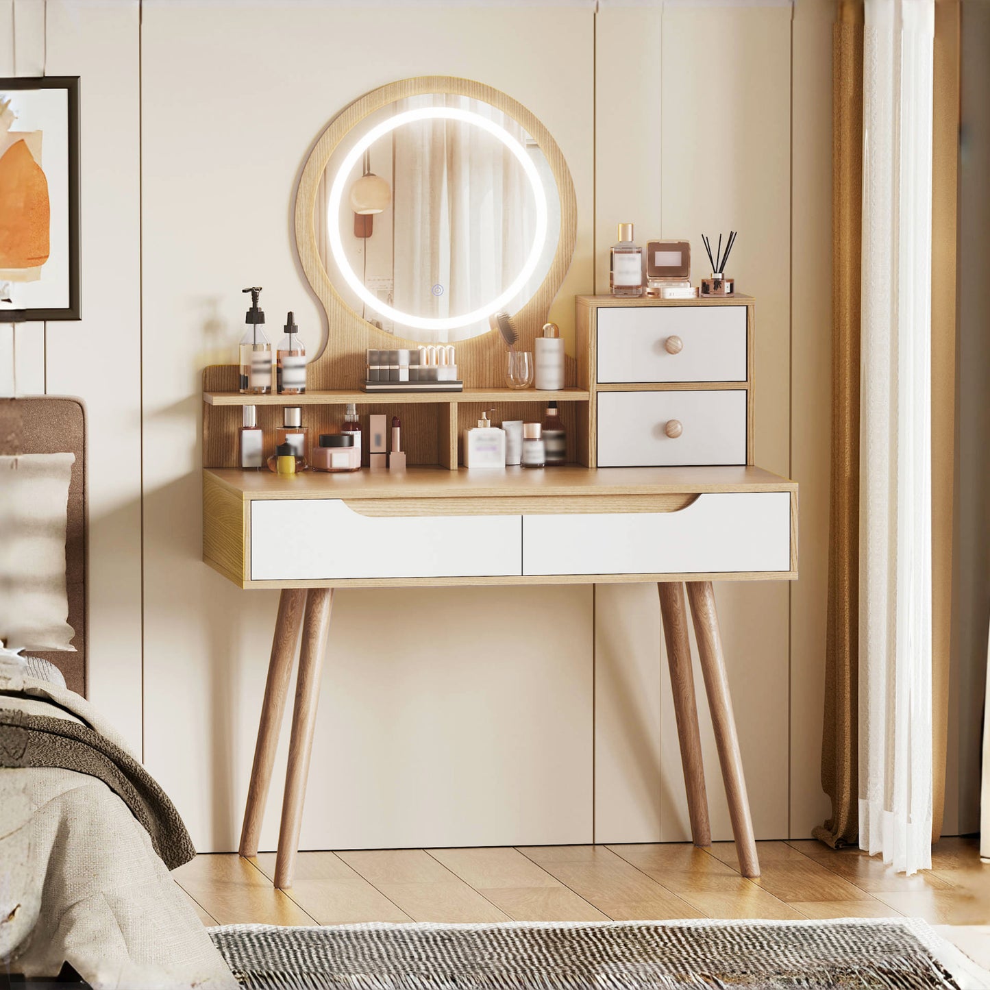 SESSLIFE Makeup Vanity Desk with Mirror and Lights, Lighted Vanity Table with 4 Drawers and 3 Shelves, Small Vanity Desk with Storage for Bedroom, Adjustable LED Mirror, White Oak