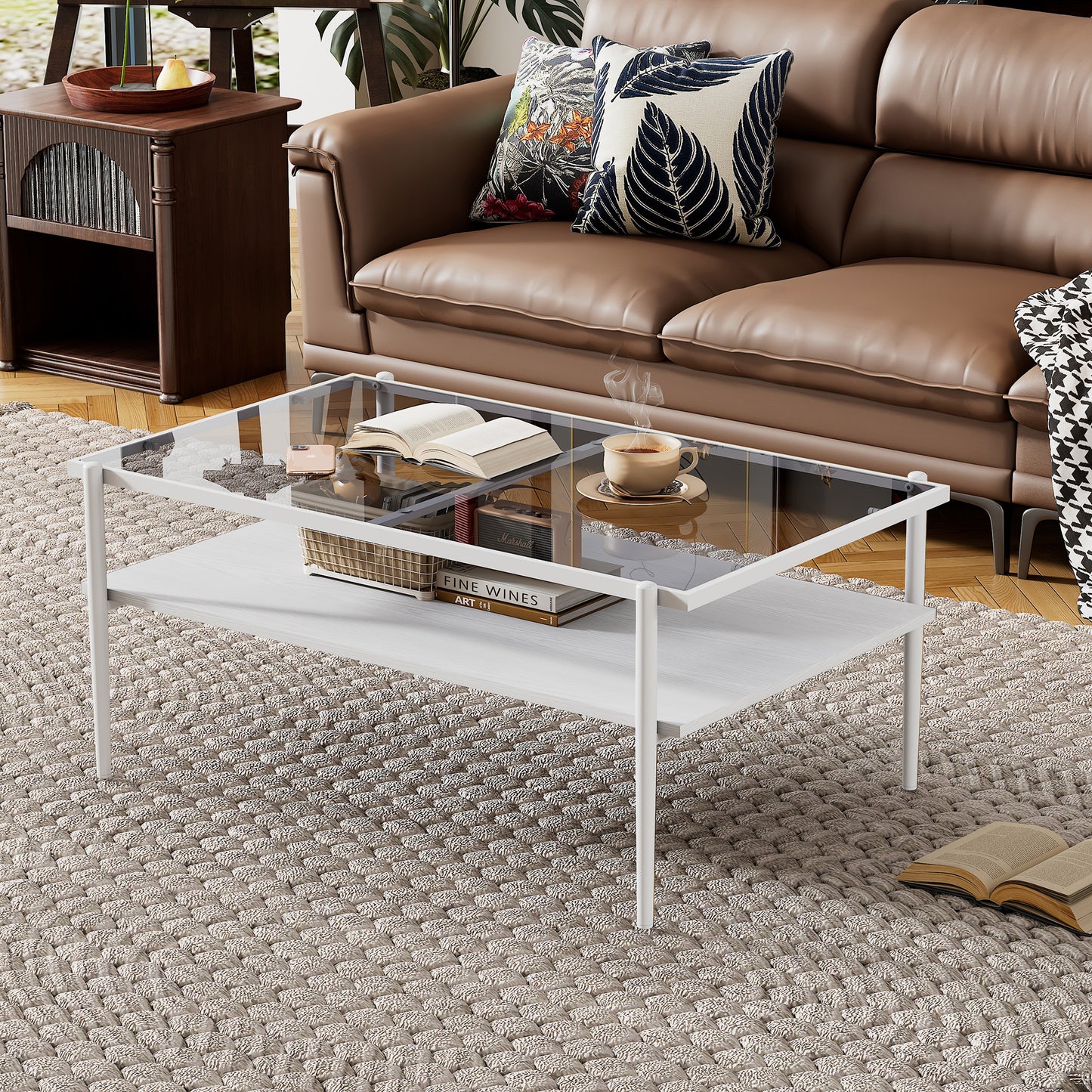 SESSLIFE Modern Rectangle Coffee Table with Glass Table Top, Easy to Clean Tempered Surface Ideal for Small Space, Stylish Yet Functional Living Room Accent, White