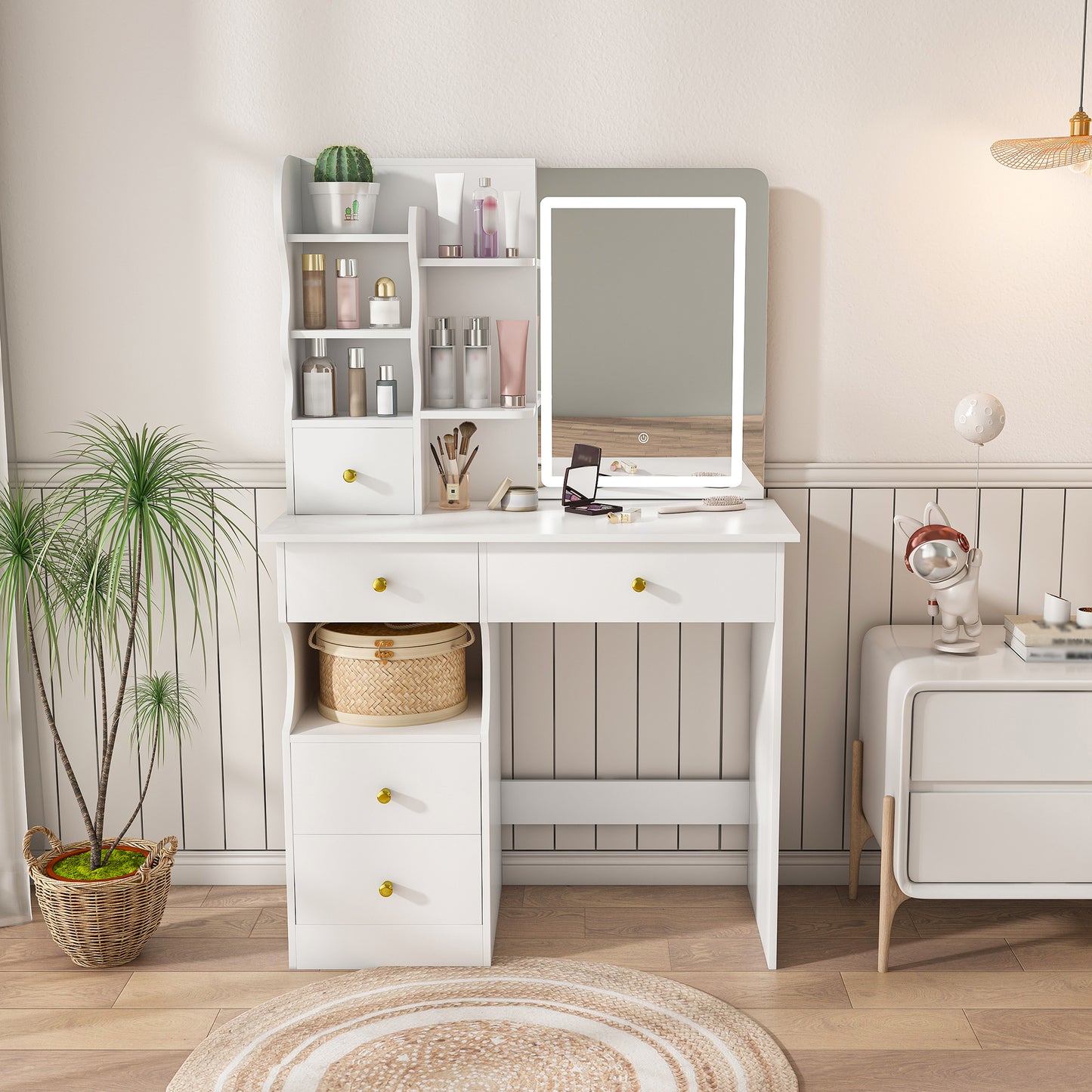 SESSLIFE Vanity Desk with 3 Color Lights and Mirror, 5-Drawer Makeup Dressing Table with Storage, LED Lighted Vanity Table , Makeup Vanity with Drawers for Bedroom, White