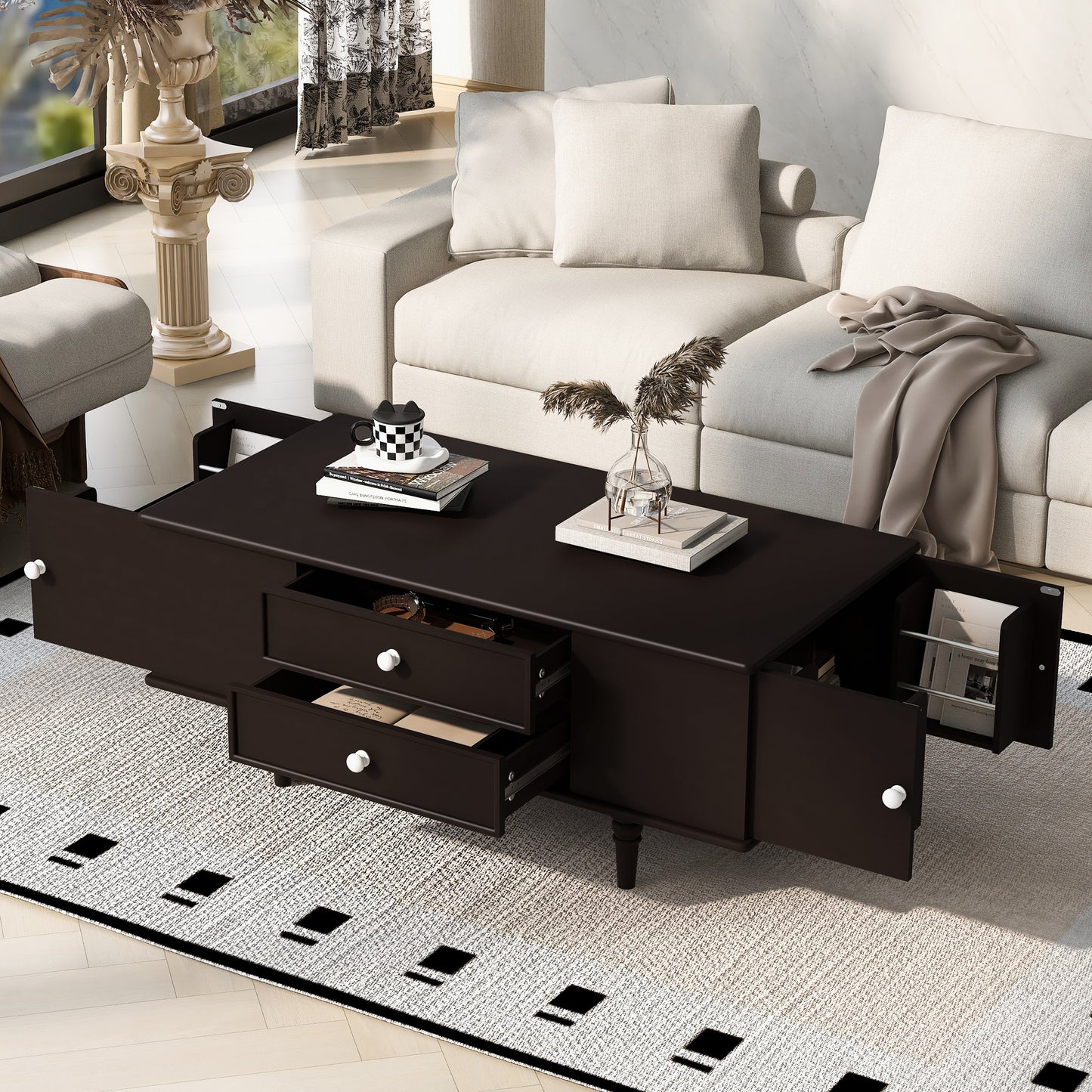 SESSLIFE Modern Coffee Table with 4 Drawers and Hidden Storage, Sturdy MDF Top with Solid Wood Legs, 47.2 Inch Large Rectangle Living Room Table in Black