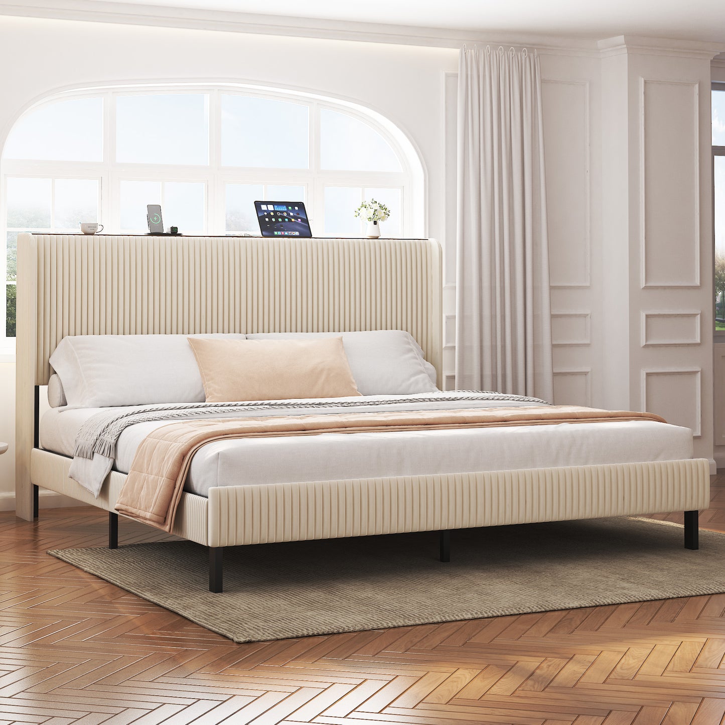 SESSLIFE Queen Platform Bed Frame with Charging Station, Beige Upholstered Bed Frame with Top Shelf Headboard, Metal Slats Hold up to 800lbs, Noise-Free, No Box Spring Needed, Easy Assembly