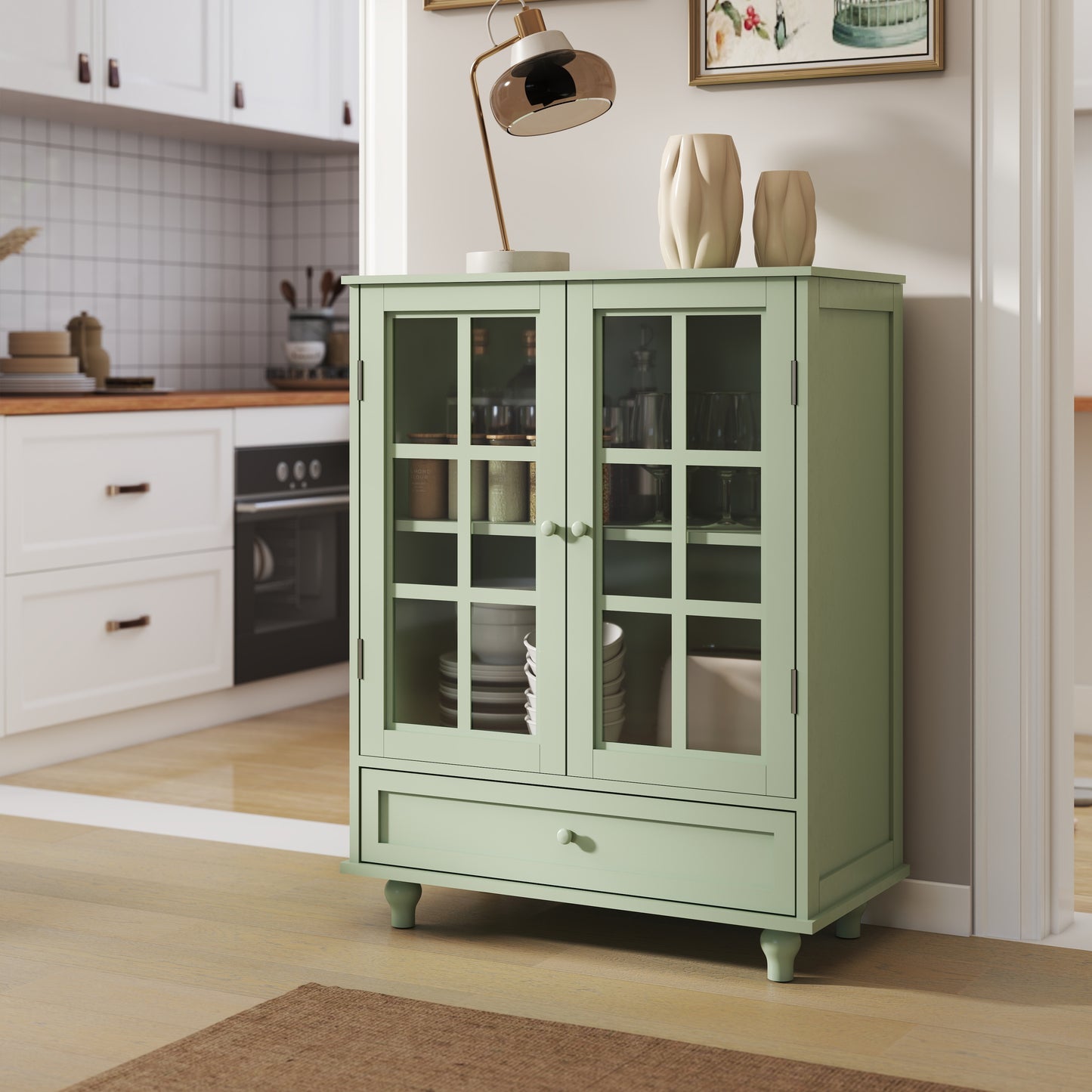 SESSLIIFE Compact Buffet Cabinet for Small Space, 31.5" White Sideboard with Glass Doors and Drawer, Storage Cabinet for Entryway, Hallway or Bedroom, White