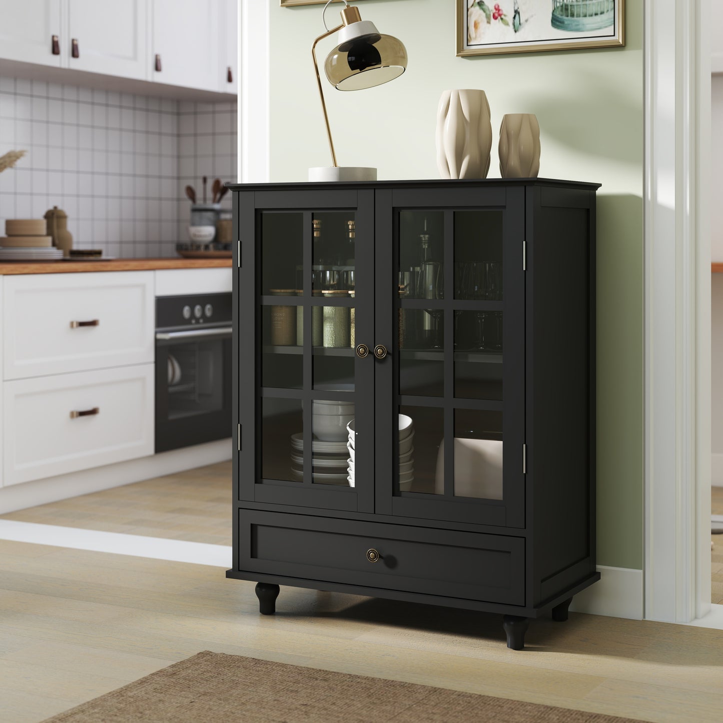 SESSLIIFE Compact Buffet Cabinet for Small Space, 31.5" White Sideboard with Glass Doors and Drawer, Storage Cabinet for Entryway, Hallway or Bedroom, White