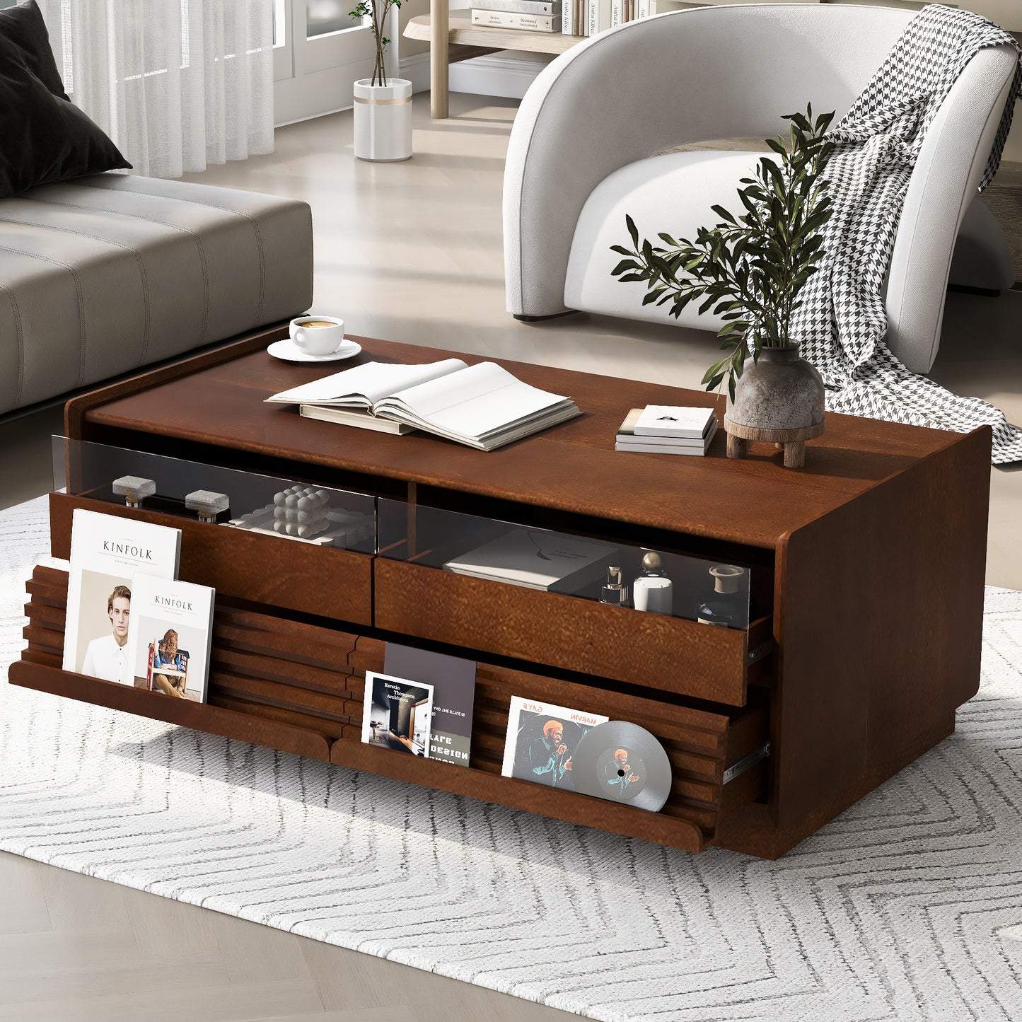 SESSLIFE Modern Coffee Table with 4 Drawers and Hidden Storage, Sturdy MDF Top with Solid Wood Legs, 47.2 Inch Large Rectangle Living Room Table in Black