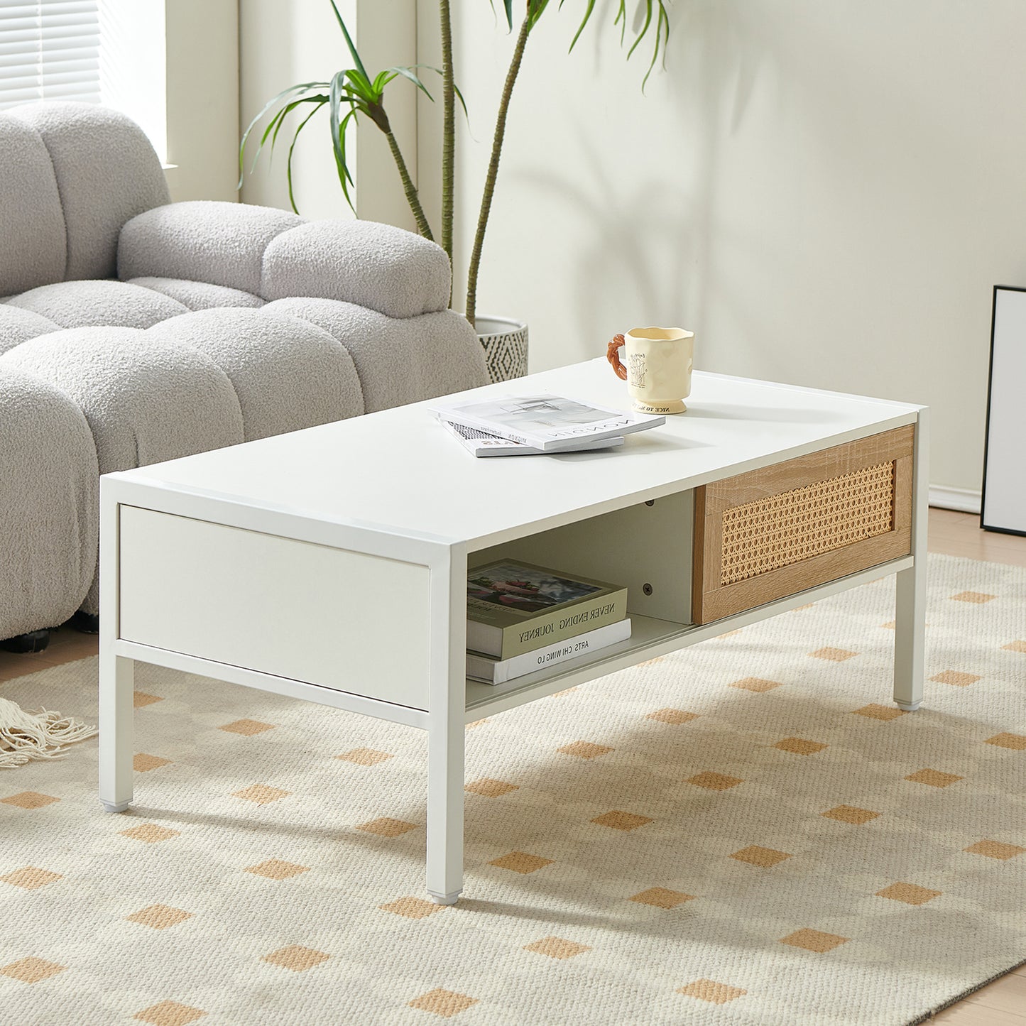 SESSLIFE 40” Modern Rattan Coffee Table with Sliding Door Storage, Natural Woven Side Table, Metal Legs for Living Room, Easy Assembly, Natural