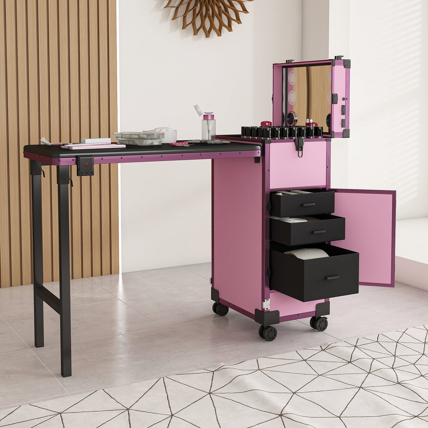 SESSLIFE 3-in-1 Manicure Table Nail Desk, Rolling Portable Manicure Table with LED Mirror and Lockable Drawers for Beauty Salons, Black