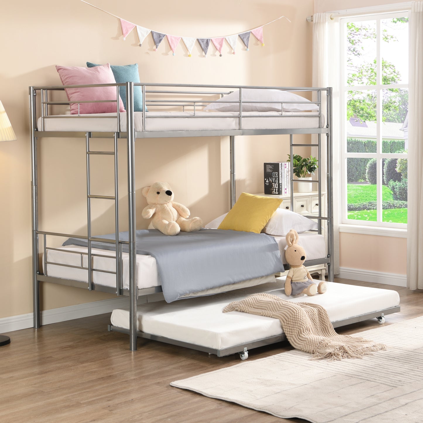 PARPOOS Metal Twin Over Twin Bunk Bed with 2 Ladders, Twin Bunk Beds fo Teens with Full Length Guardrails, Convertible Bunk Bed Can Be Divided Into 2 Twin Beds, No Box Spring Needed, Pink