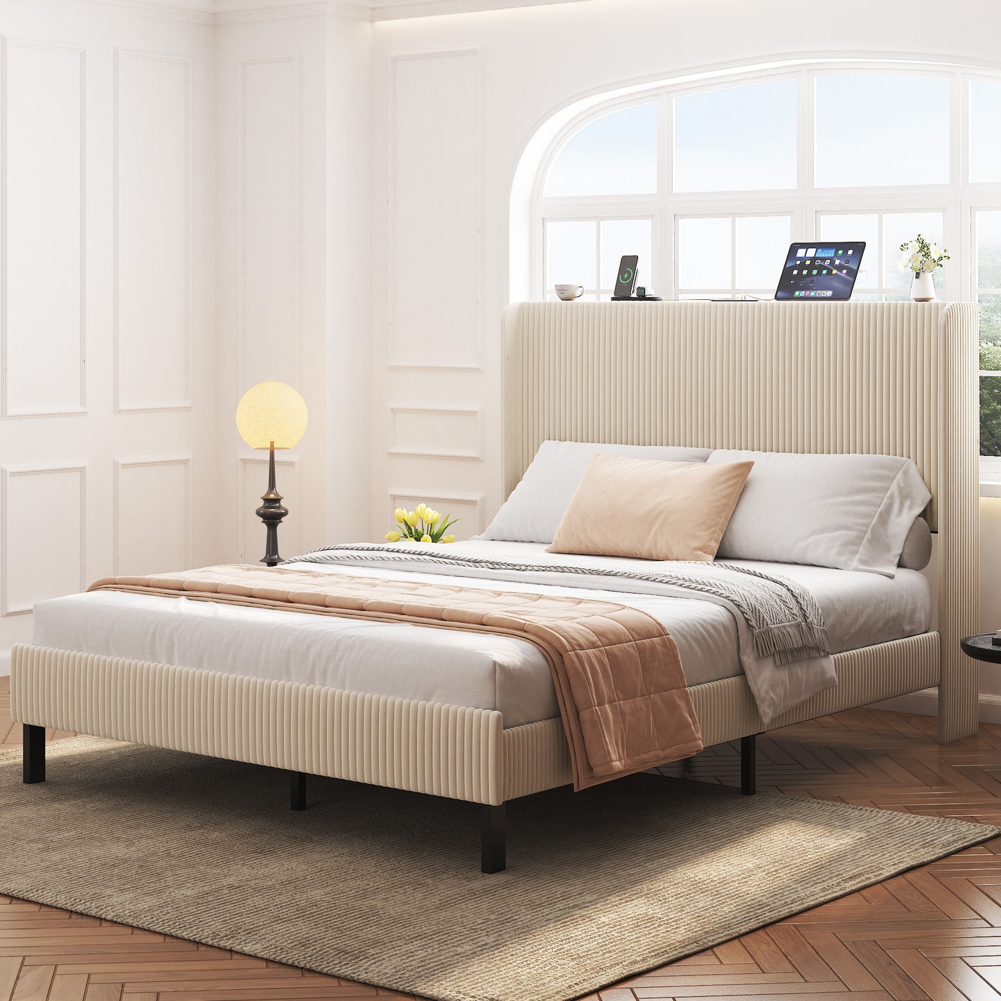 SESSLIFE Queen Platform Bed Frame with Charging Station, Beige Upholstered Bed Frame with Top Shelf Headboard, Metal Slats Hold up to 800lbs, Noise-Free, No Box Spring Needed, Easy Assembly