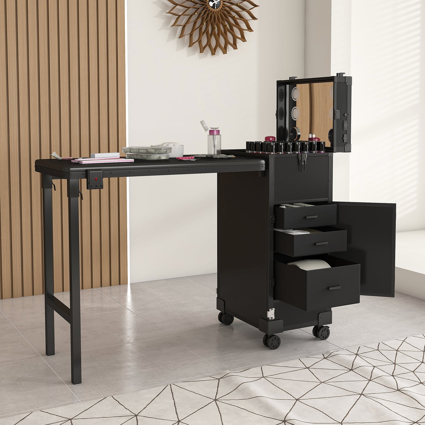 SESSLIFE 3-in-1 Manicure Table Nail Desk, Rolling Portable Manicure Table with LED Mirror and Lockable Drawers for Beauty Salons, Black