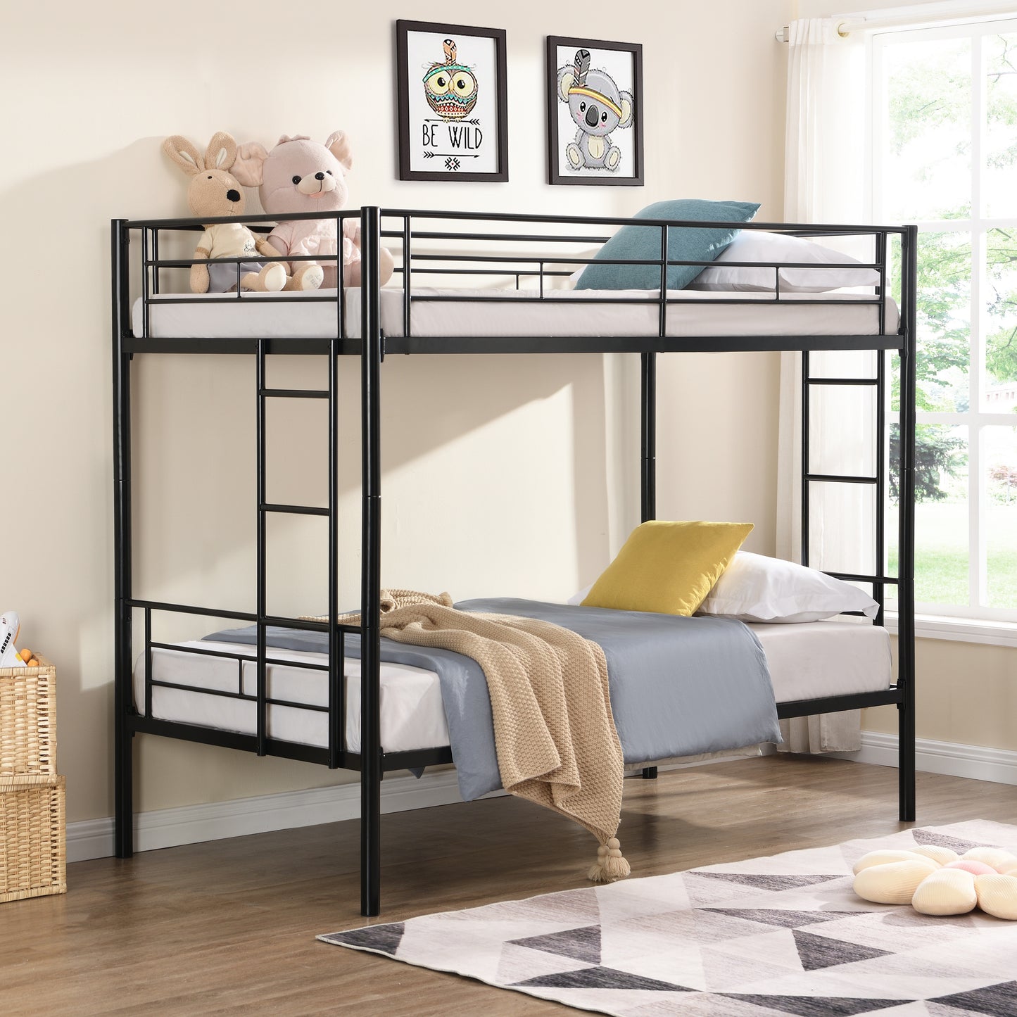 PARPOOS Metal Twin Over Twin Bunk Bed with 2 Ladders, Twin Bunk Beds fo Teens with Full Length Guardrails, Convertible Bunk Bed Can Be Divided Into 2 Twin Beds, No Box Spring Needed, Pink