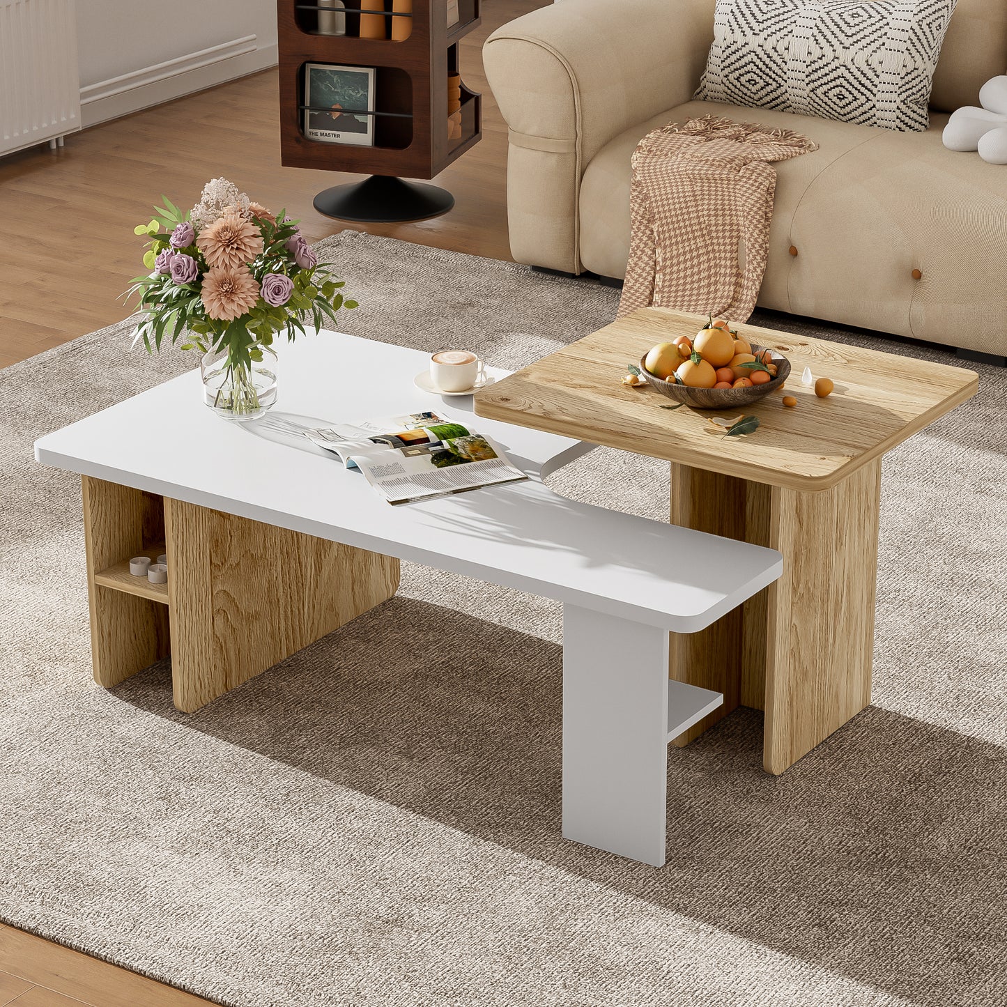 Coffee Table Set of 2 Nesting Tables Farmhouse White, Wood Finish Living Room Tables with Rounded Corners, Space-Saving Small Coffee Tables for Modern Homes, Black