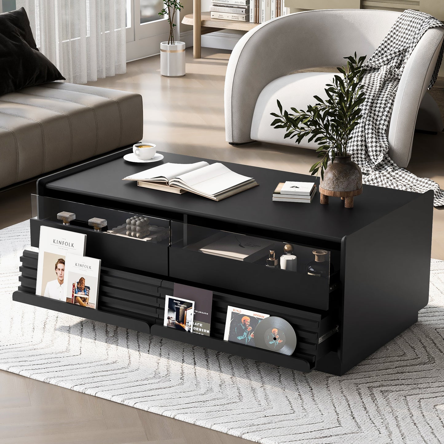 SESSLIFE Modern Coffee Table with 4 Drawers and Hidden Storage, Sturdy MDF Top with Solid Wood Legs, 47.2 Inch Large Rectangle Living Room Table in Black