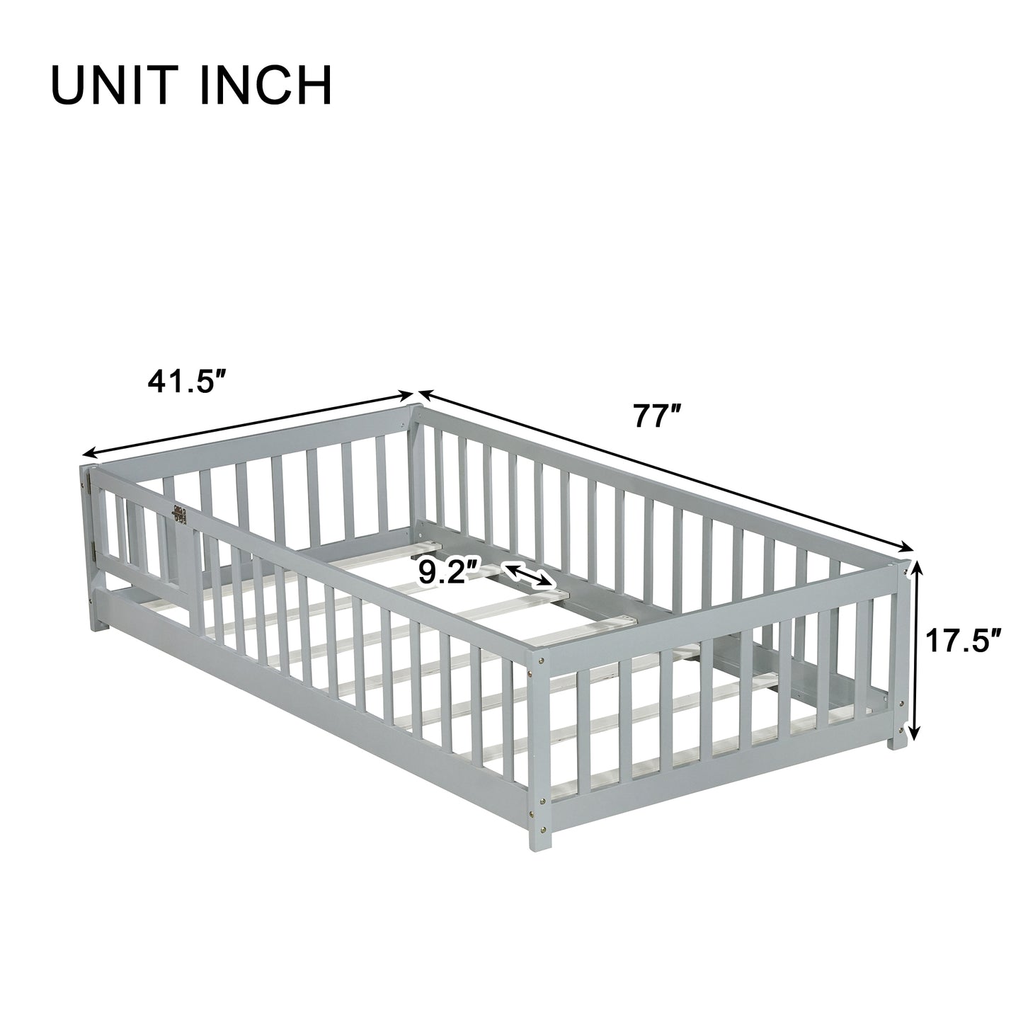 Sesslife Twin Size Floor Bed with Door and Fence, Wood Floor Platform Bed with Slats, Toddler Bed for Kids Boys Girls, Montessori Bed, No Box Spring Needed, Grey