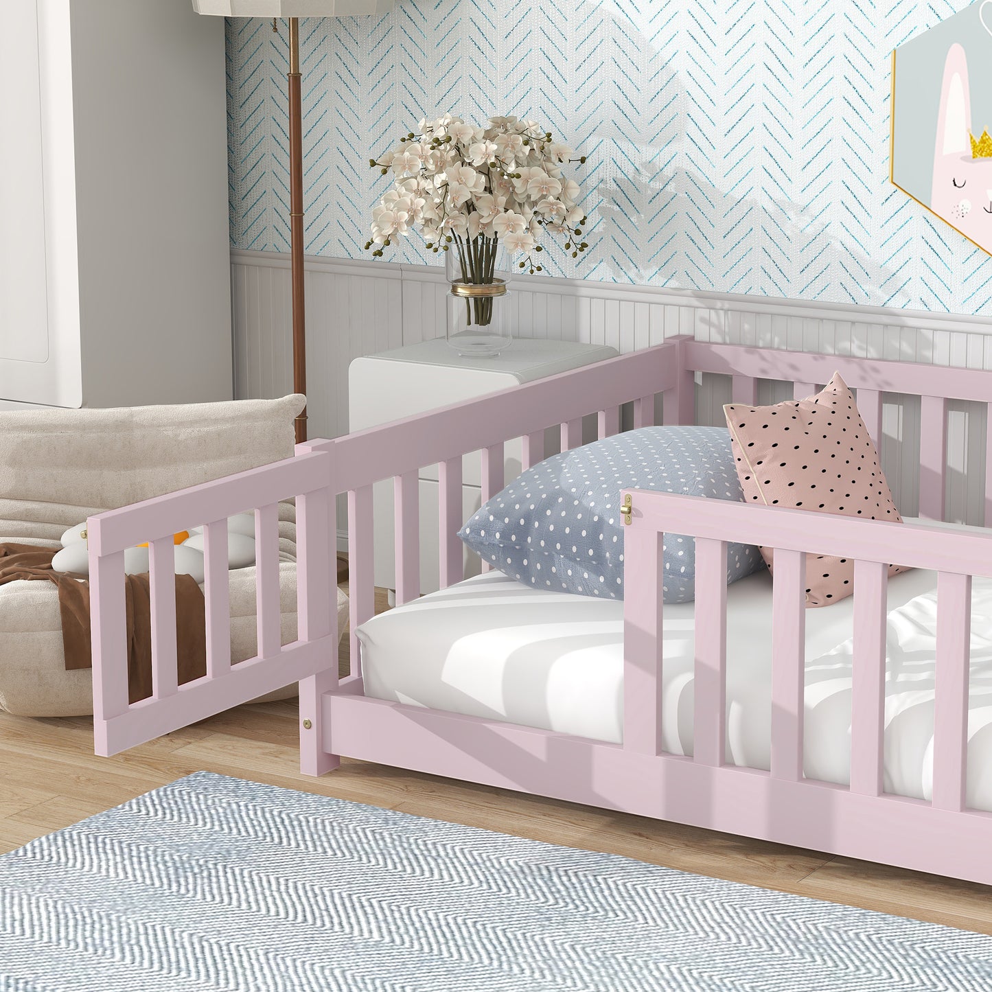 Sesslife Twin Size Floor Bed with Door and Fence, Wood Floor Platform Bed with Slats, Toddler Bed for Kids Boys Girls, Montessori Bed, No Box Spring Needed, Grey