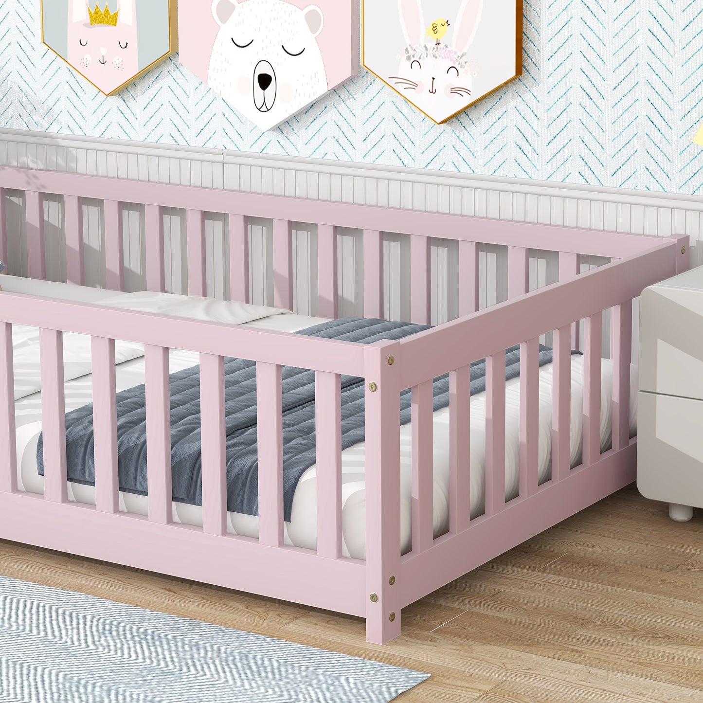 Sesslife Twin Size Floor Bed with Door and Fence, Wood Floor Platform Bed with Slats, Toddler Bed for Kids Boys Girls, Montessori Bed, No Box Spring Needed, Grey