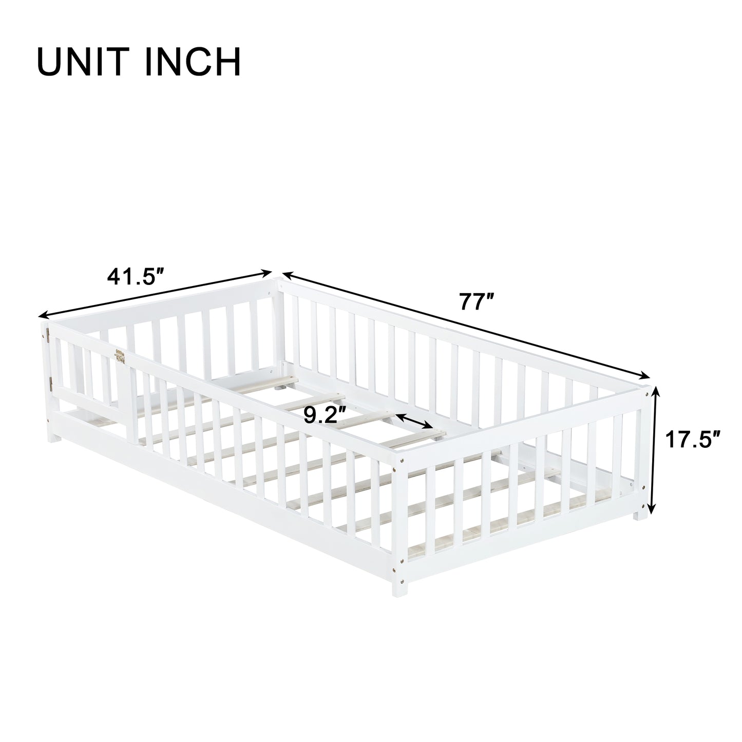 Sesslife Twin Size Floor Bed with Door and Fence, Wood Floor Platform Bed with Slats, Toddler Bed for Kids Boys Girls, Montessori Bed, No Box Spring Needed, Grey