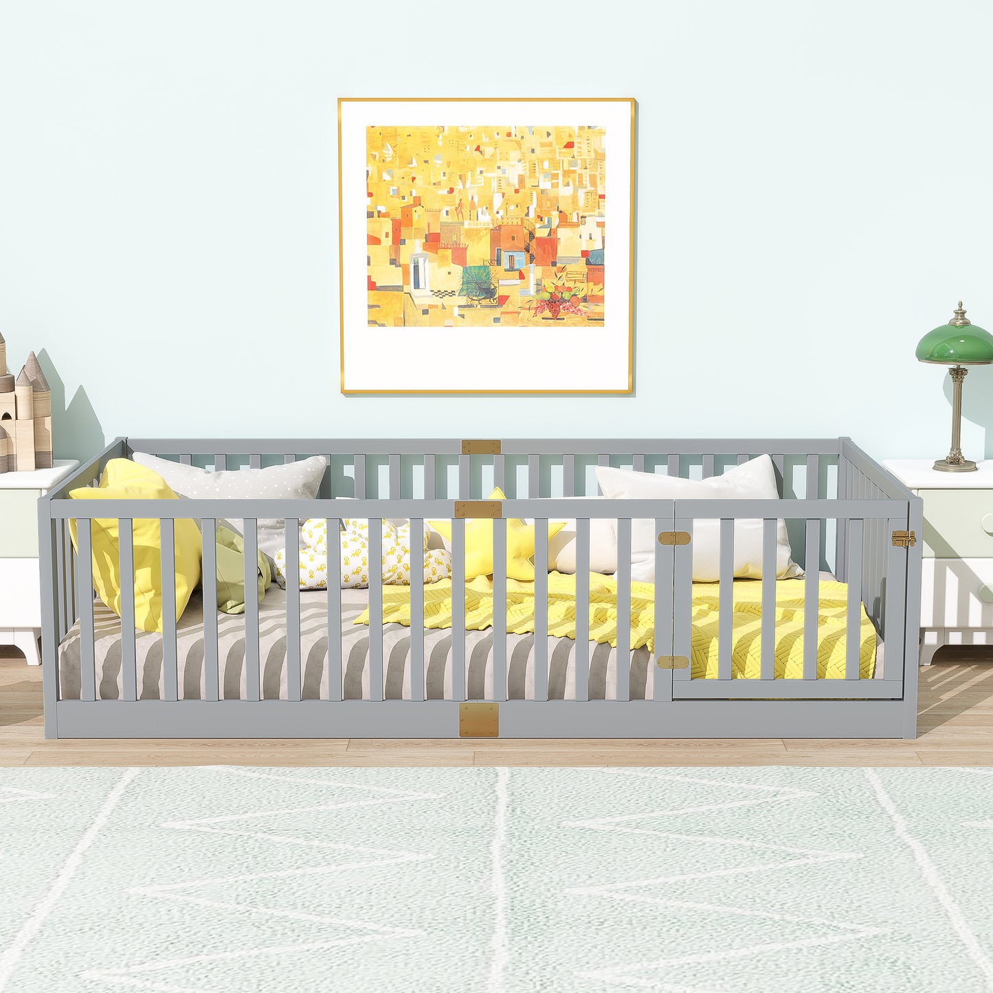 Sesslife Twin Size Floor Bed with High Fence & Door, Wood Twin Bed Frame with Salts and 21.5” Safety Guardrails, Twin Floor Bed for Boys Girls, No Box Spring Needed, Natural