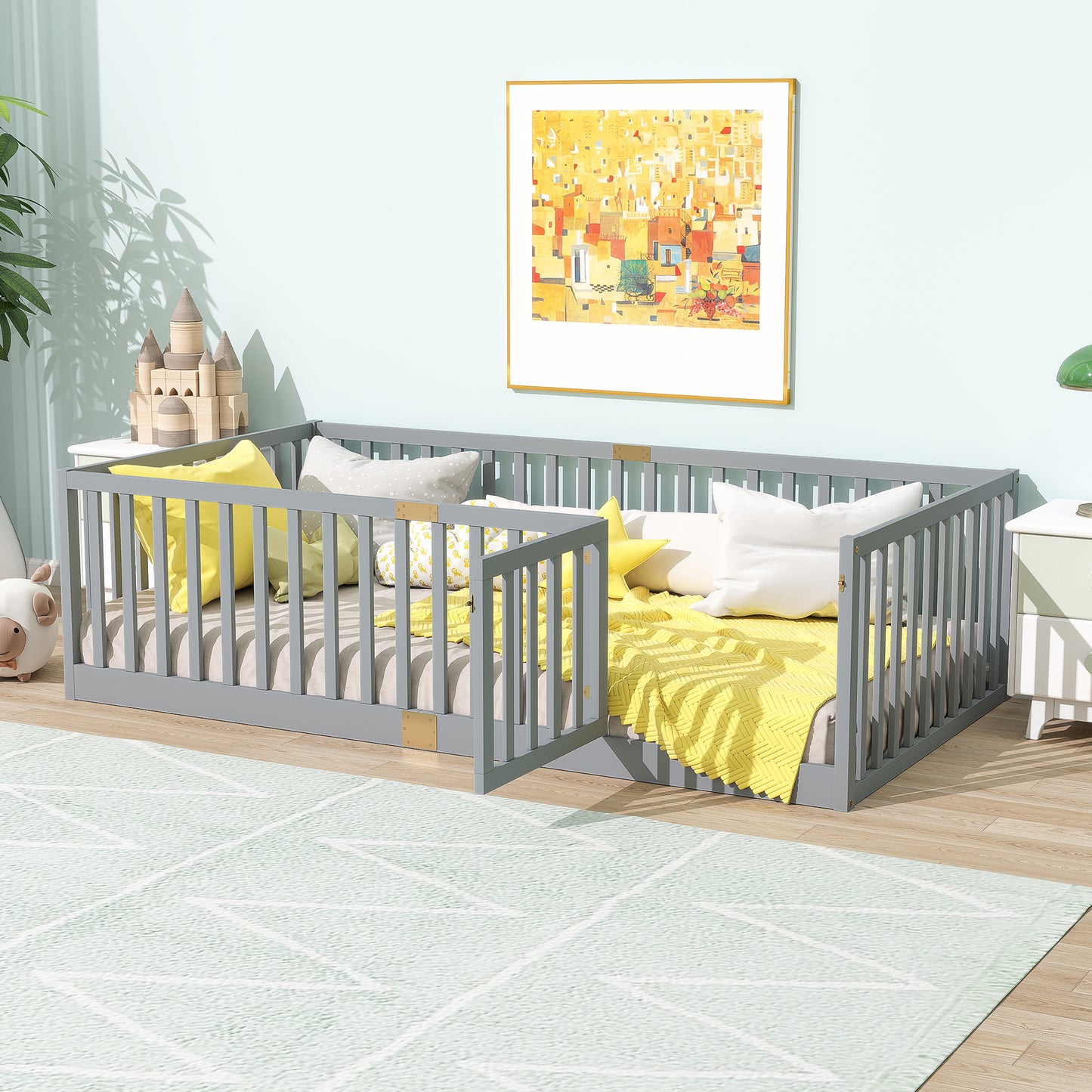 SESSLIFE Twin Montessori Floor Bed Frame with High Rails and Door, Wood Twin Floor Bed with Slats, Low Profile Kids Bed Frame for Boys Girls, No Box Spring Needed, White