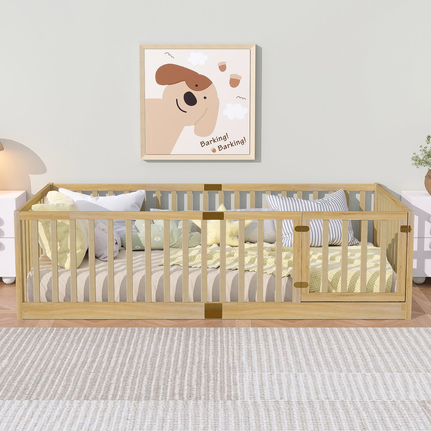 Sesslife Twin Size Floor Bed with High Fence & Door, Wood Twin Bed Frame with Salts and 21.5” Safety Guardrails, Twin Floor Bed for Boys Girls, No Box Spring Needed, Natural