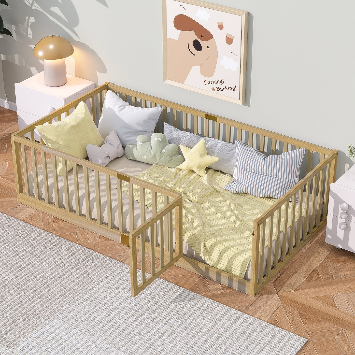Sesslife Twin Size Floor Bed with High Fence & Door, Wood Twin Bed Frame with Salts and 21.5” Safety Guardrails, Twin Floor Bed for Boys Girls, No Box Spring Needed, Natural