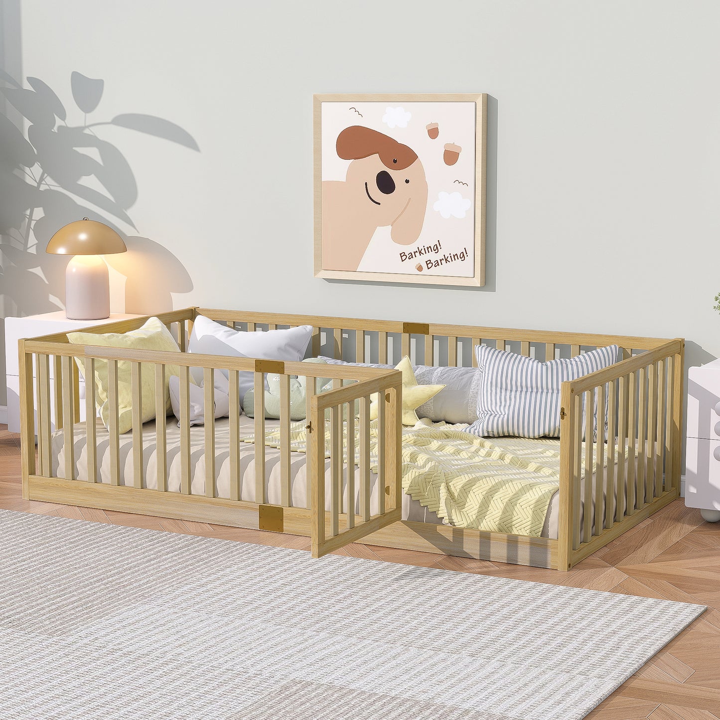 Sesslife Twin Size Floor Bed with High Fence & Door, Wood Twin Bed Frame with Salts and 21.5” Safety Guardrails, Twin Floor Bed for Boys Girls, No Box Spring Needed, Natural