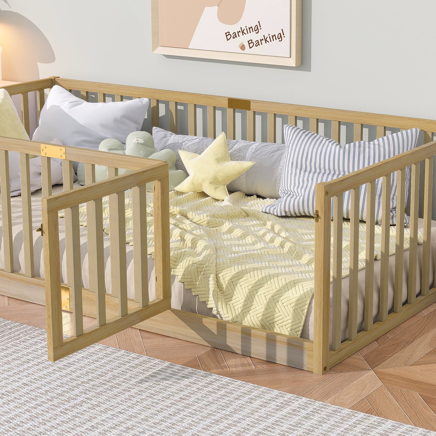 Sesslife Twin Size Floor Bed with High Fence & Door, Wood Twin Bed Frame with Salts and 21.5” Safety Guardrails, Twin Floor Bed for Boys Girls, No Box Spring Needed, Natural