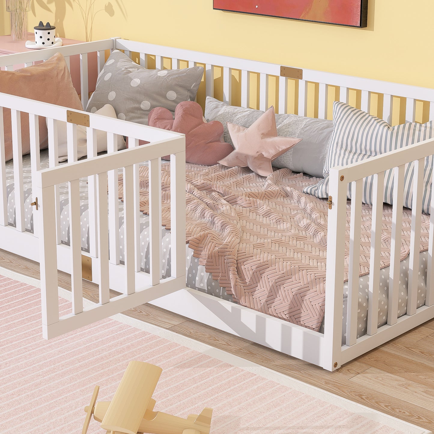 Sesslife Twin Size Floor Bed with High Fence & Door, Wood Twin Bed Frame with Salts and 21.5” Safety Guardrails, Twin Floor Bed for Boys Girls, No Box Spring Needed, Natural