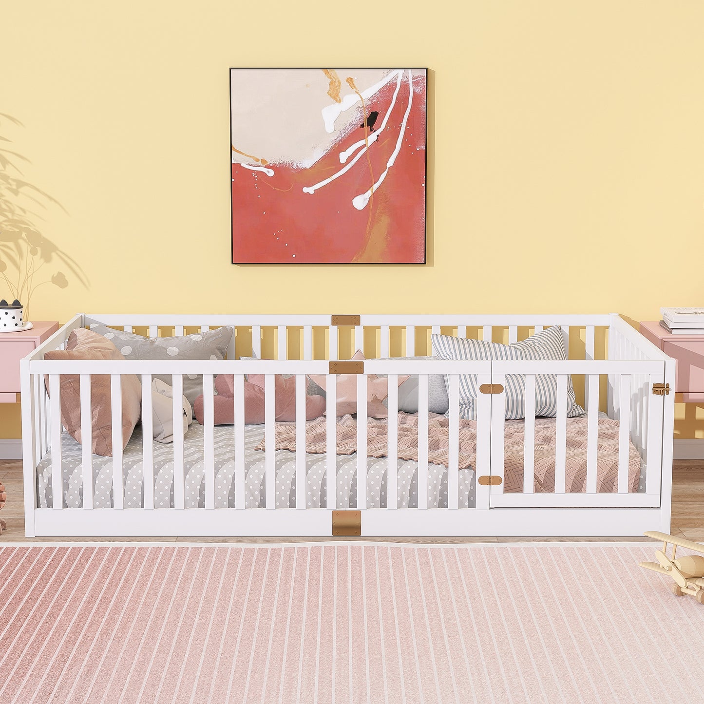 Sesslife Twin Size Floor Bed with High Fence & Door, Wood Twin Bed Frame with Salts and 21.5” Safety Guardrails, Twin Floor Bed for Boys Girls, No Box Spring Needed, Natural