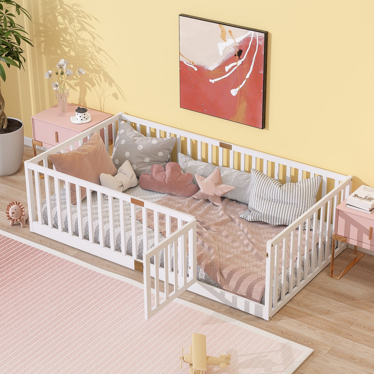 Sesslife Twin Size Floor Bed with High Fence & Door, Wood Twin Bed Frame with Salts and 21.5” Safety Guardrails, Twin Floor Bed for Boys Girls, No Box Spring Needed, Natural