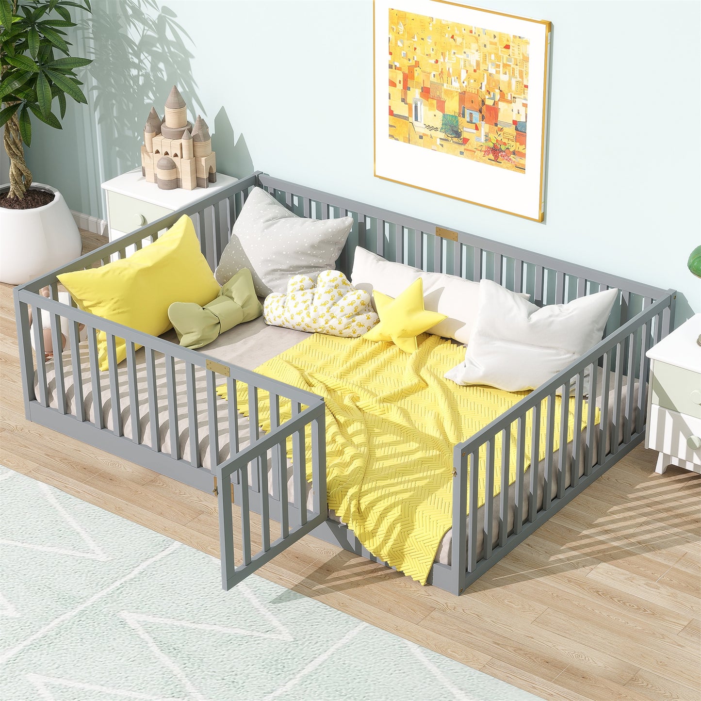 SESSLIFE Twin Size Toddler Floor Bed, Montessor Floor Bed with Slats and High Guardrails, Solid Wood Twin Bed Frame for Kids, Easy Assembly, White