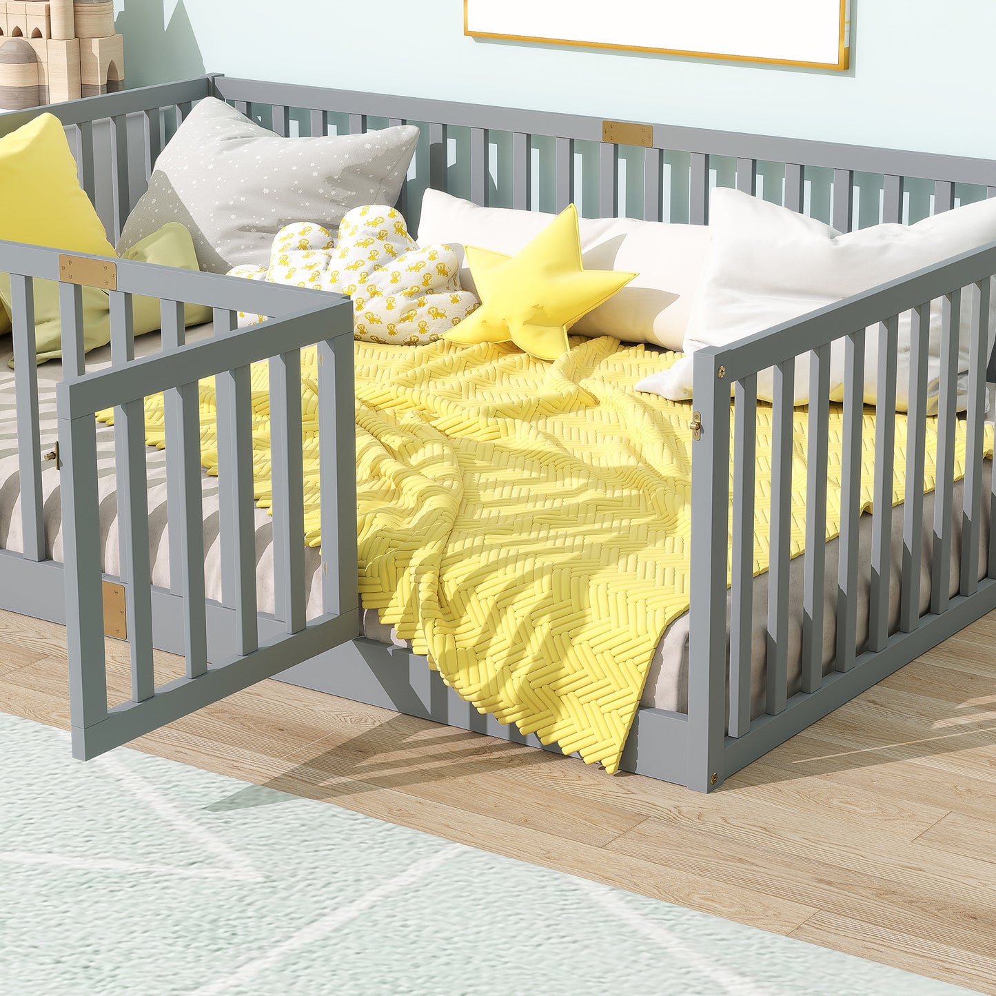 Sesslife Twin Size Floor Bed with High Fence & Door, Wood Twin Bed Frame with Salts and 21.5” Safety Guardrails, Twin Floor Bed for Boys Girls, No Box Spring Needed, Natural