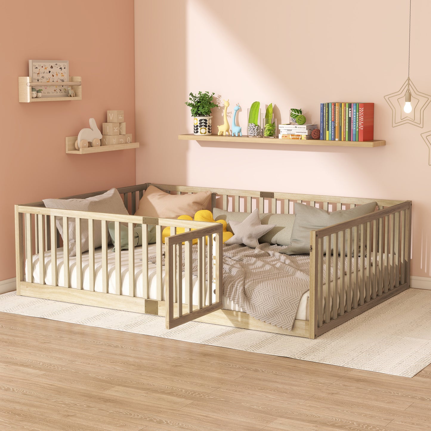 SESSLIFE Twin Size Toddler Floor Bed, Montessor Floor Bed with Slats and High Guardrails, Solid Wood Twin Bed Frame for Kids, Easy Assembly, White