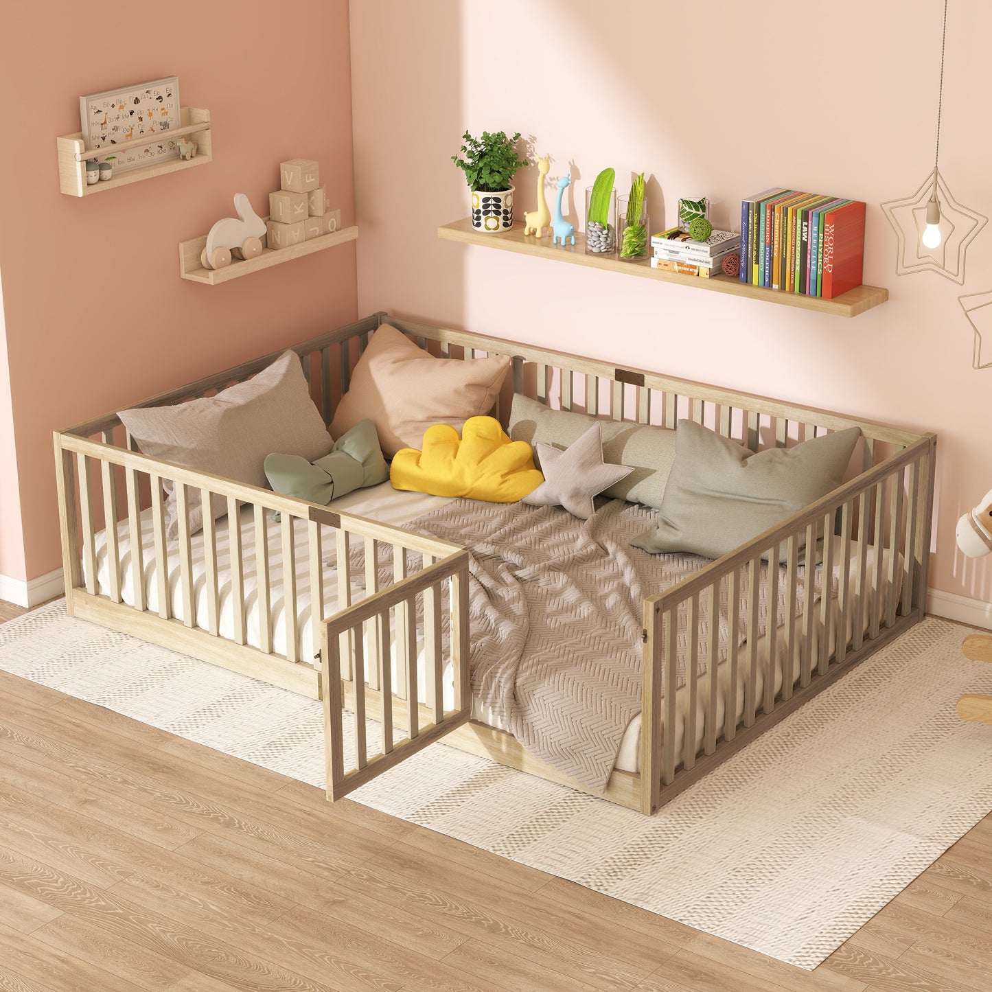 SESSLIFE Twin Montessori Floor Bed Frame with High Rails and Door, Wood Twin Floor Bed with Slats, Low Profile Kids Bed Frame for Boys Girls, No Box Spring Needed, White