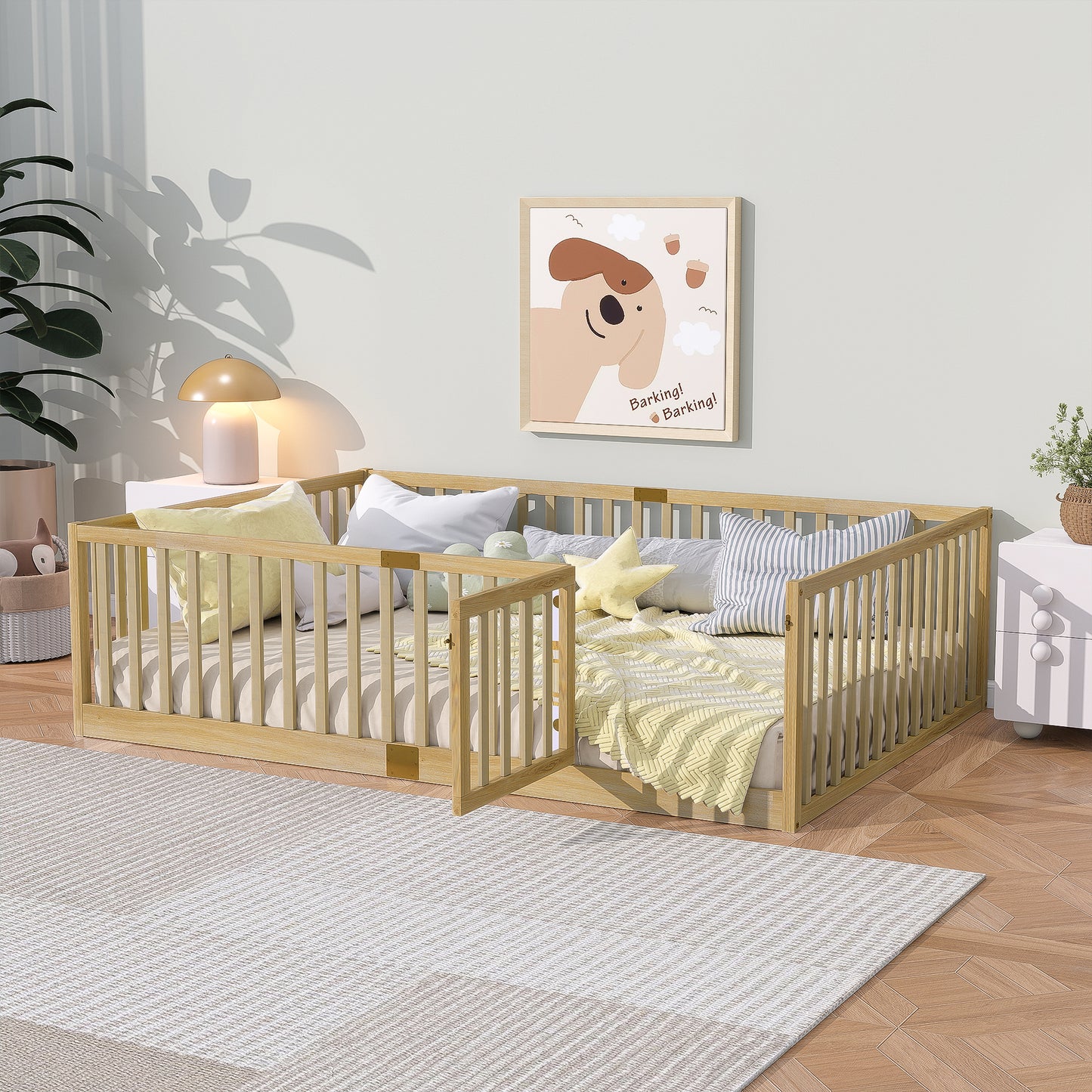 Sesslife Twin Size Floor Bed with High Fence & Door, Wood Twin Bed Frame with Salts and 21.5” Safety Guardrails, Twin Floor Bed for Boys Girls, No Box Spring Needed, Natural