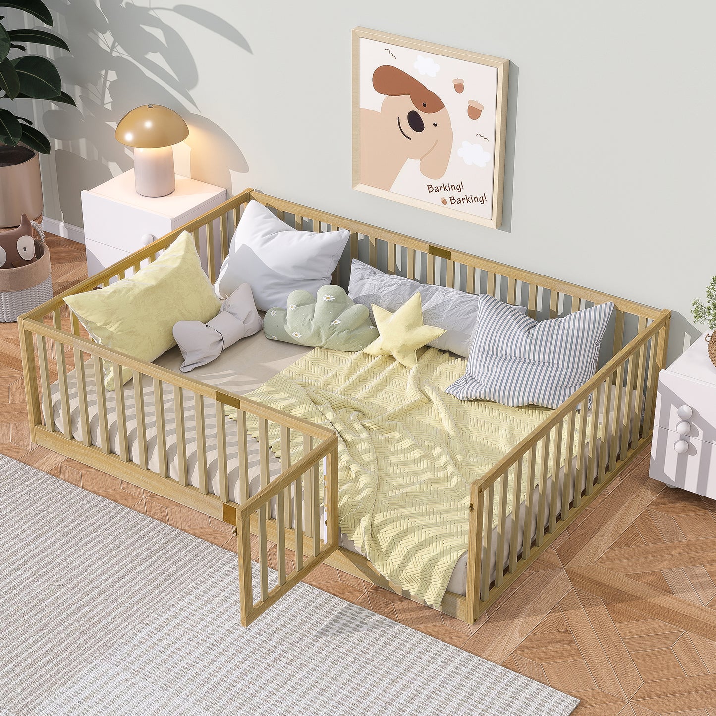 Sesslife Twin Size Floor Bed with High Fence & Door, Wood Twin Bed Frame with Salts and 21.5” Safety Guardrails, Twin Floor Bed for Boys Girls, No Box Spring Needed, Natural