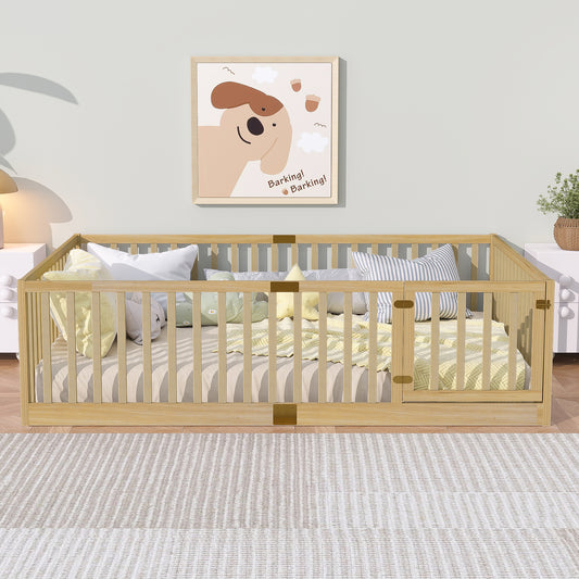 Sesslife Twin Size Floor Bed with High Fence & Door, Wood Twin Bed Frame with Salts and 21.5” Safety Guardrails, Twin Floor Bed for Boys Girls, No Box Spring Needed, Natural