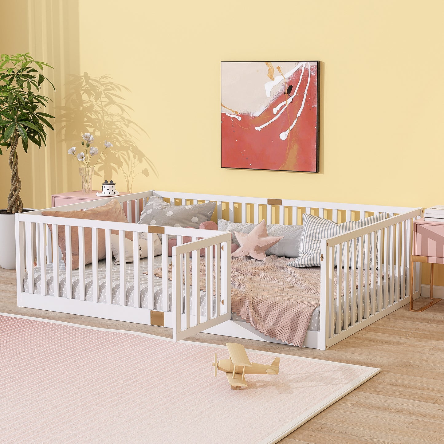SESSLIFE Twin Size Toddler Floor Bed, Montessor Floor Bed with Slats and High Guardrails, Solid Wood Twin Bed Frame for Kids, Easy Assembly, White