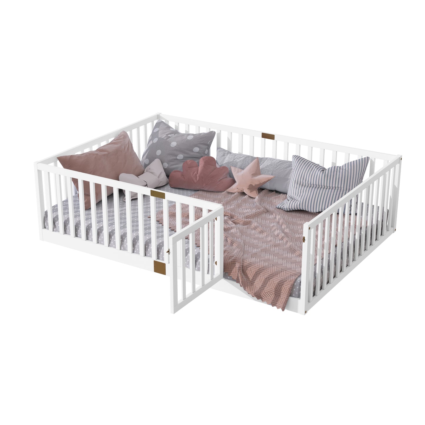 Sesslife Twin Size Floor Bed with High Fence & Door, Wood Twin Bed Frame with Salts and 21.5” Safety Guardrails, Twin Floor Bed for Boys Girls, No Box Spring Needed, Natural